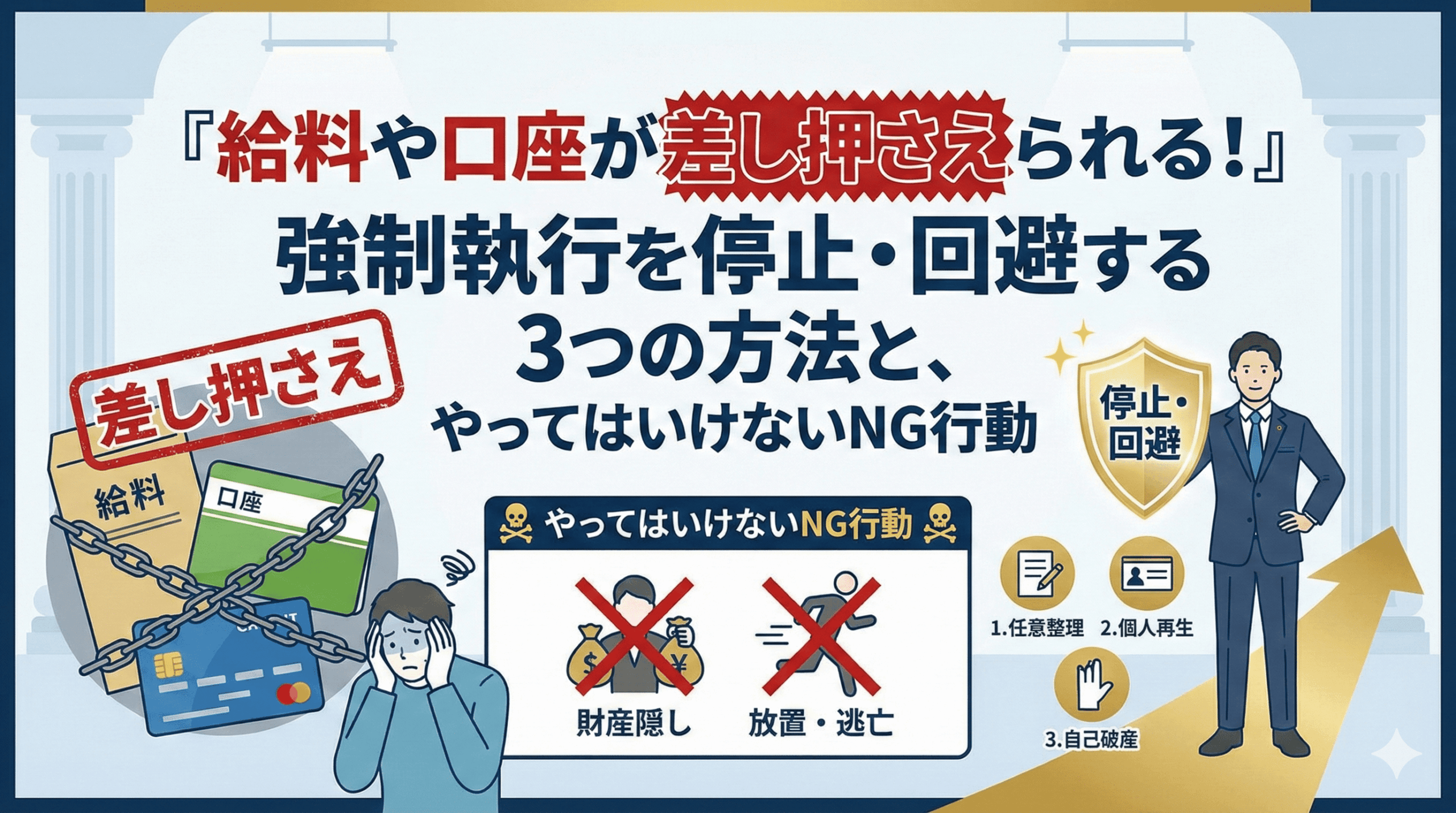 alt="『給料や口座が差し押さえられる！』強制執行を停止・回避する3つの方法と、やってはいけないNG行動。給与や口座が鎖で差し押さえられ困惑する人と、弁護士が任意整理・個人再生・自己破産による解決策を提示し、財産隠しや放置・逃亡といったNG行動を警告している様子を図解したアイキャッチ画像。"
