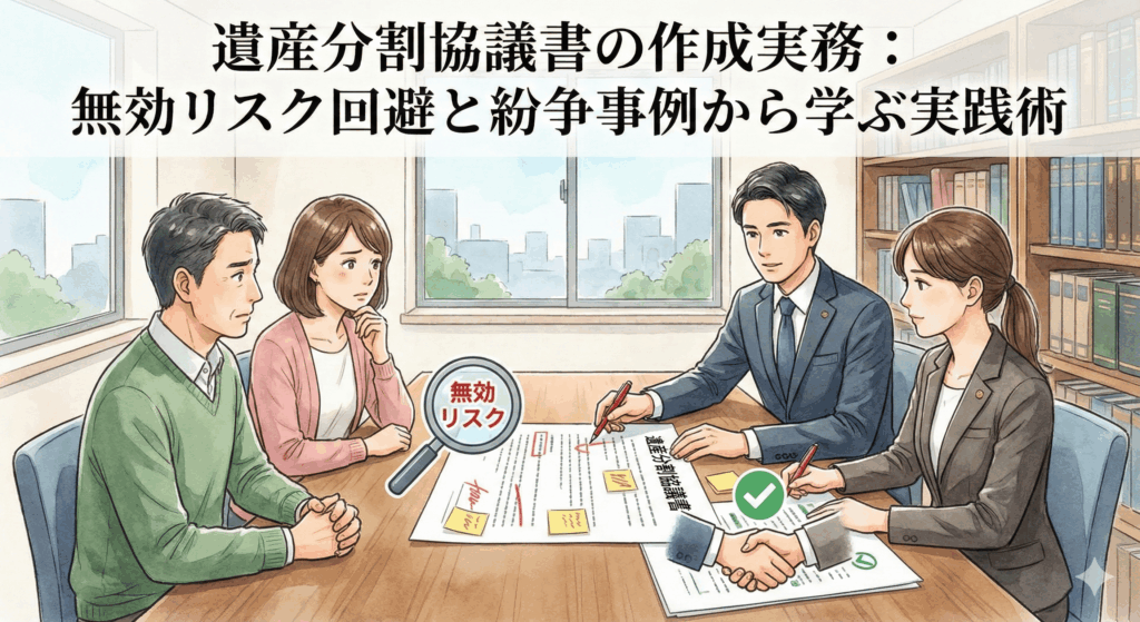 弁護士による「遺産分割協議書の作成実務」解説記事のアイキャッチ。無効リスクの指摘と、円満な合意形成（握手）に向けて弁護士がサポートする様子を描いた、専門性と安心感のあるイラスト。