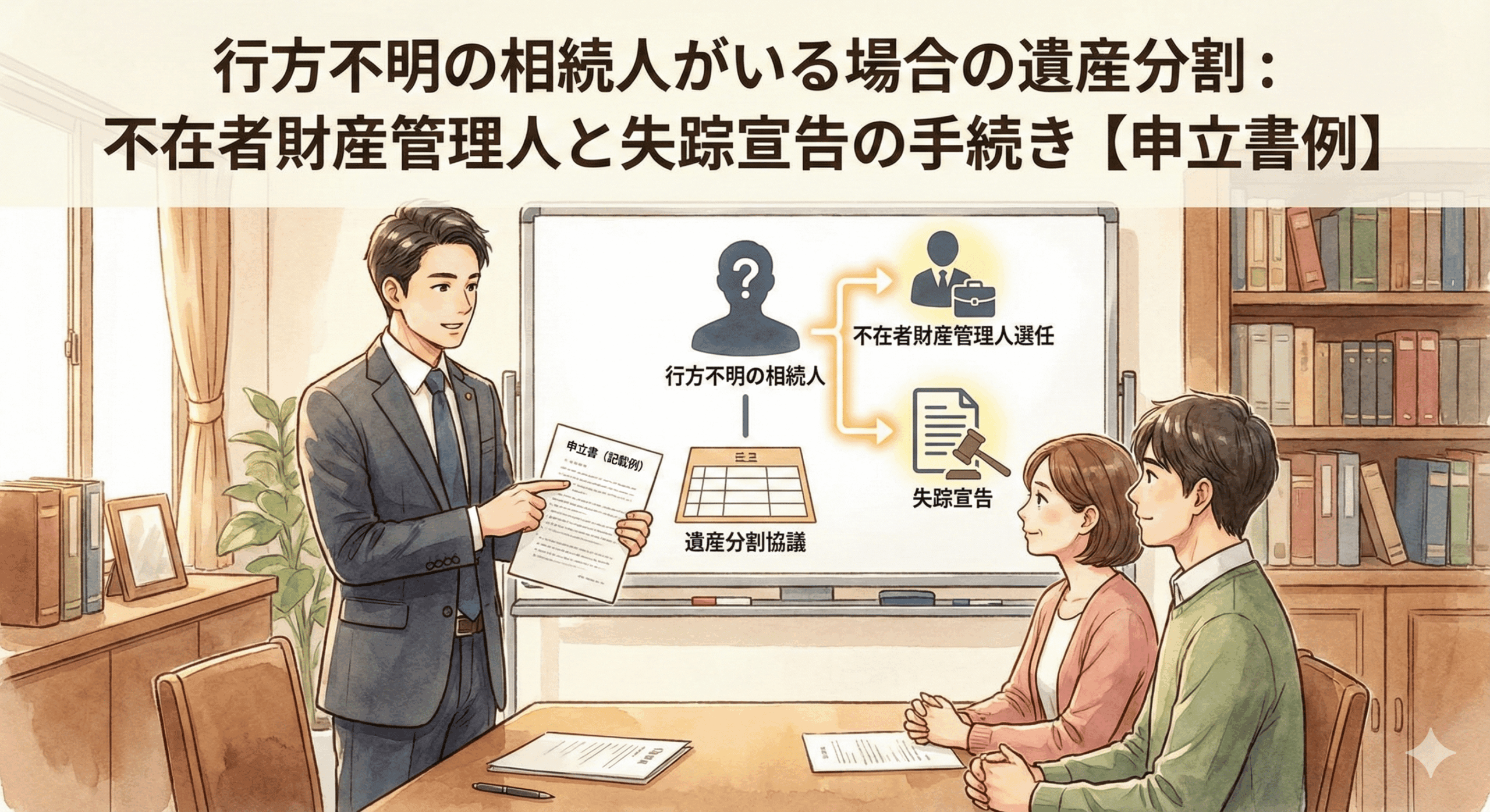 弁護士が解説する「行方不明の相続人がいる場合の遺産分割」のアイキャッチ。遺産分割が進まず困っている家族に、不在者財産管理人選任や失踪宣告といった法的解決策と、申立書の記載例を提示して解決へ導く様子を描いたイラスト。