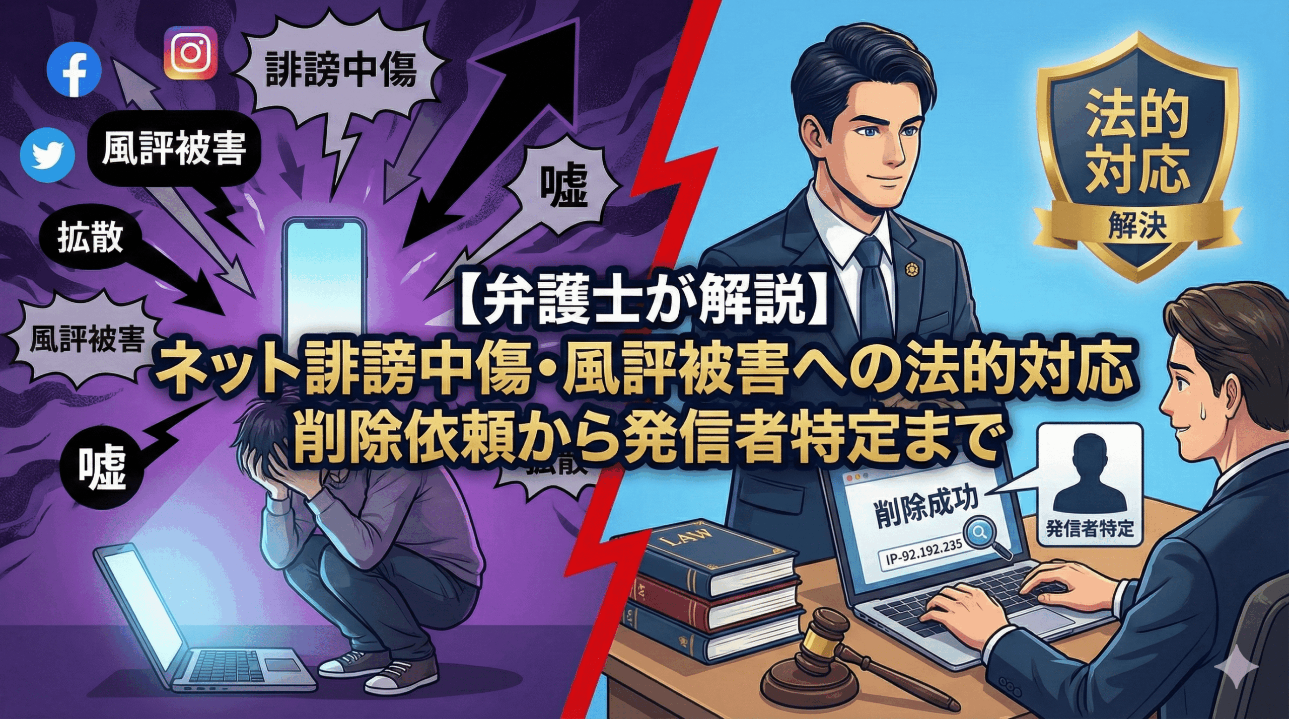 ネット上の誹謗中傷や風評被害に苦しむ依頼者と、削除依頼や発信者特定などの法的対応を進め解決に導く弁護士のイラスト。記事タイトル：「【弁護士が解説】ネット誹謗中傷・風評被害への法的対応─削除依頼から発信者特定まで」