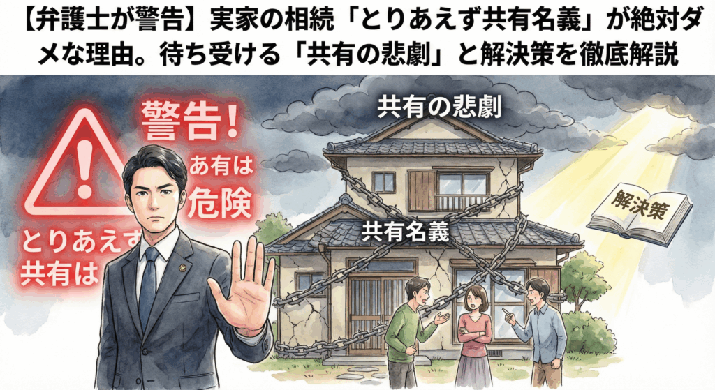 弁護士が実家相続の「とりあえず共有名義」に警鐘を鳴らす記事のアイキャッチ画像。「共有の悲劇」で鎖に繋がれた家と家族、そして解決策を示す様子を描いた、警告と希望のイラスト。
