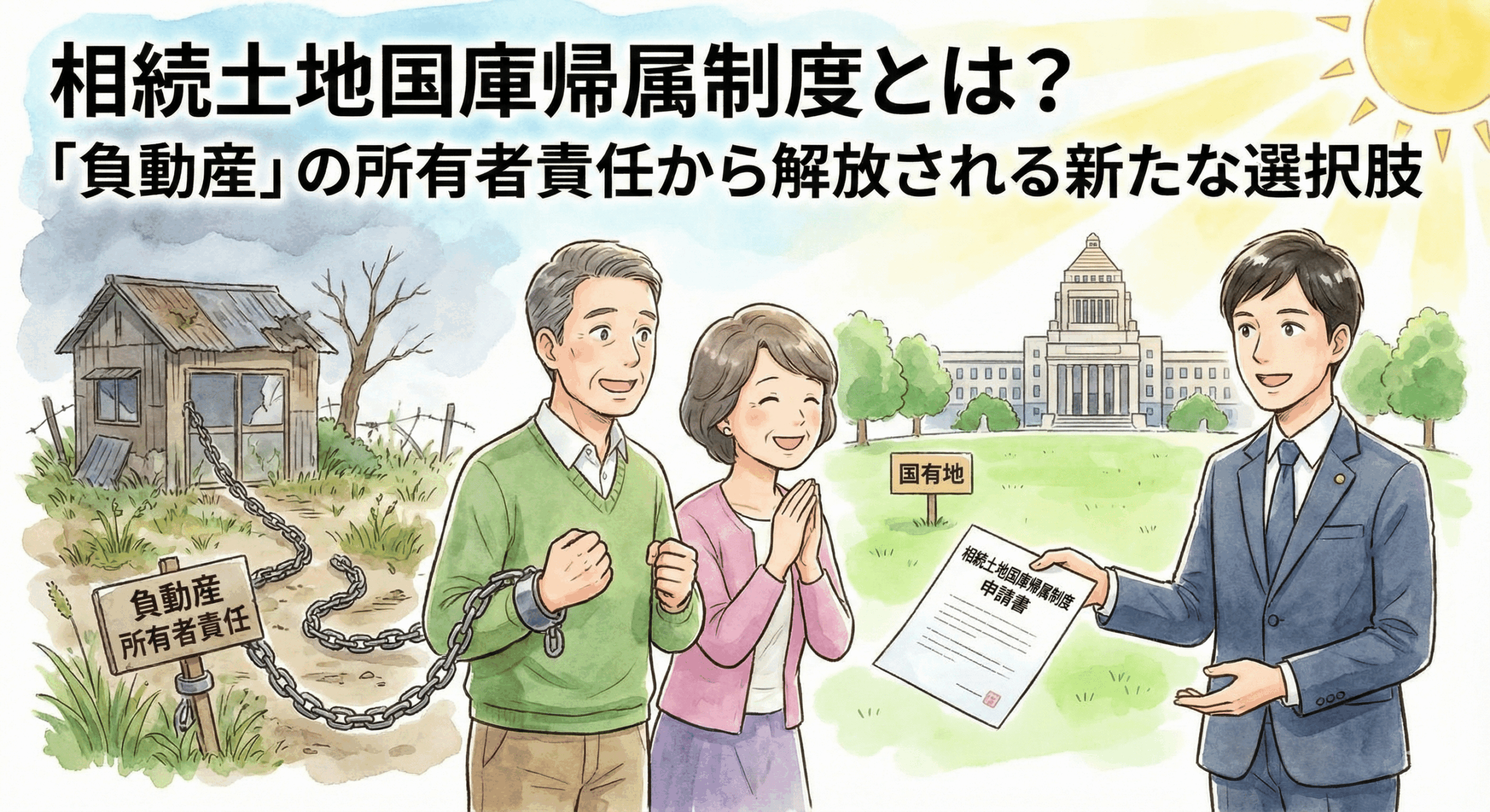 弁護士が解説する「相続土地国庫帰属制度」の記事アイキャッチ。管理が負担となる「負動産」の「所有者責任」から解放される新たな選択肢として、弁護士が申請書を提示し、土地が「国有地」となることで所有者が救われる様子を、鎖からの解放と明るい未来で表現したイラスト。