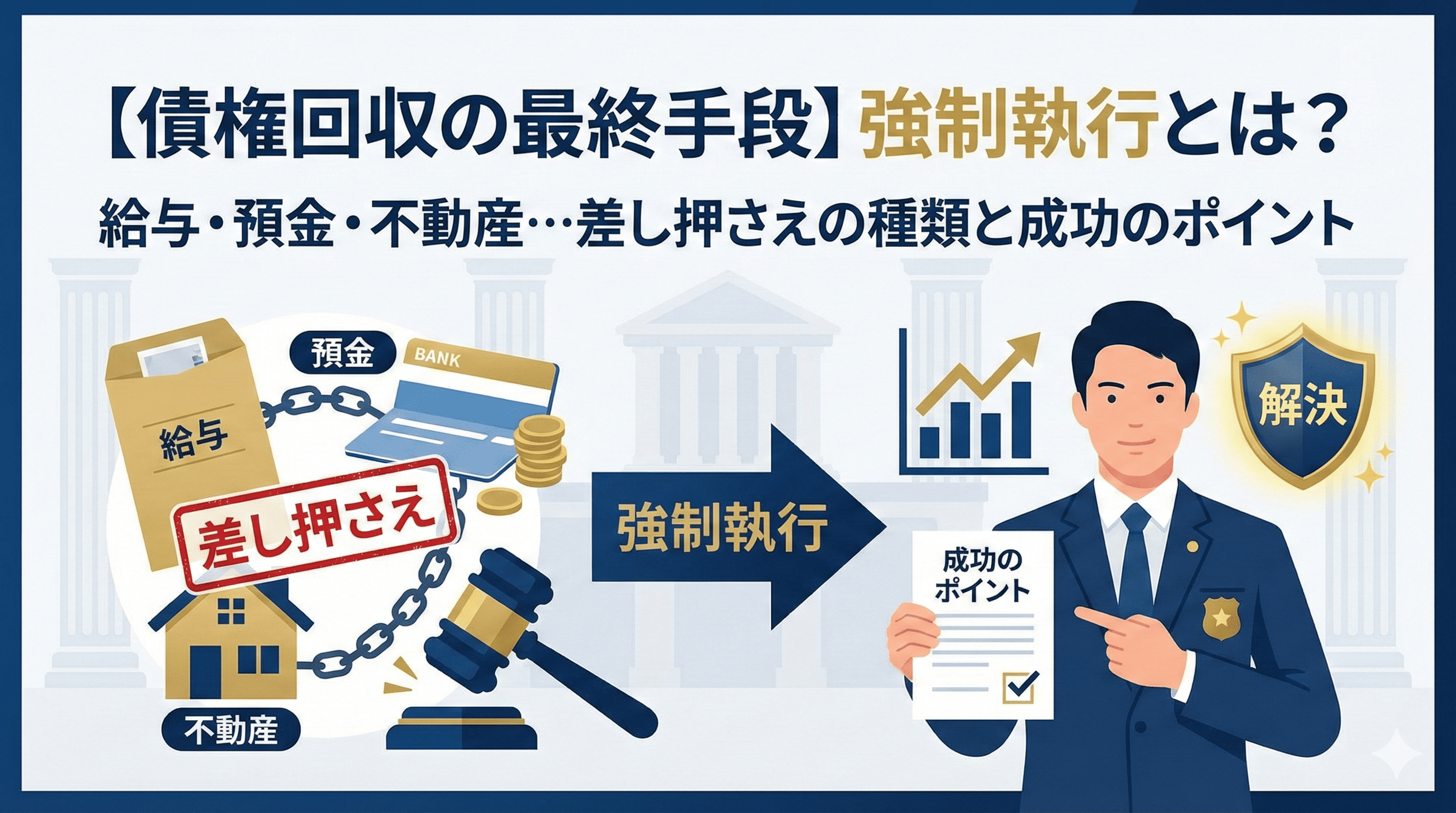 alt="【債権回収の最終手段】強制執行とは？ 給与・預金・不動産…差し押さえの種類と成功のポイント。差し押さえ対象となる資産（給与・預金・不動産）から強制執行を経て、弁護士が示す成功のポイントによって解決に至る流れを図解したアイキャッチ画像。"