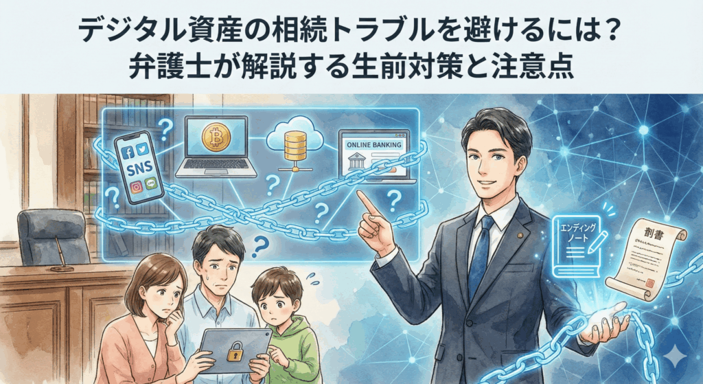 弁護士が解説する「デジタル資産の相続トラブル」回避と「生前対策」の記事アイキャッチ。SNS、仮想通貨、ネット銀行などのデジタル遺品が引き起こす問題を鎖で表現し、エンディングノートや遺言書による解決策を提示する様子を描いたイラスト。