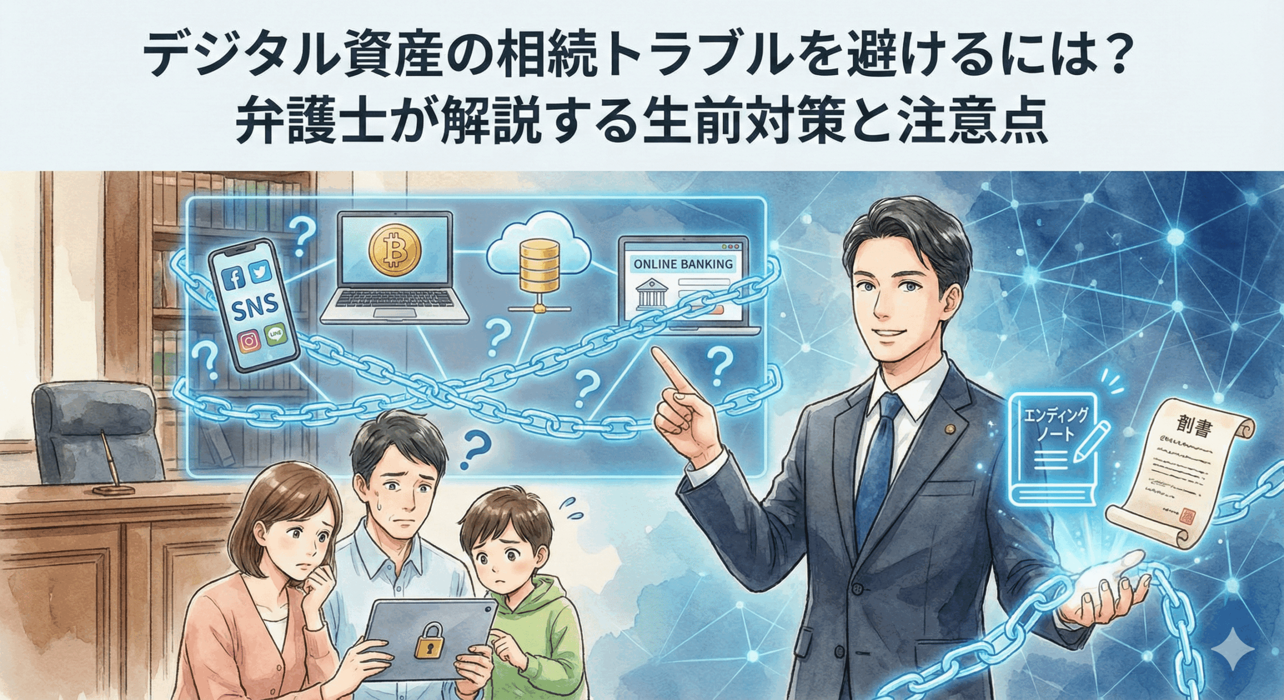 弁護士が解説する「デジタル資産の相続トラブル」回避と「生前対策」の記事アイキャッチ。SNS、仮想通貨、ネット銀行などのデジタル遺品が引き起こす問題を鎖で表現し、エンディングノートや遺言書による解決策を提示する様子を描いたイラスト。