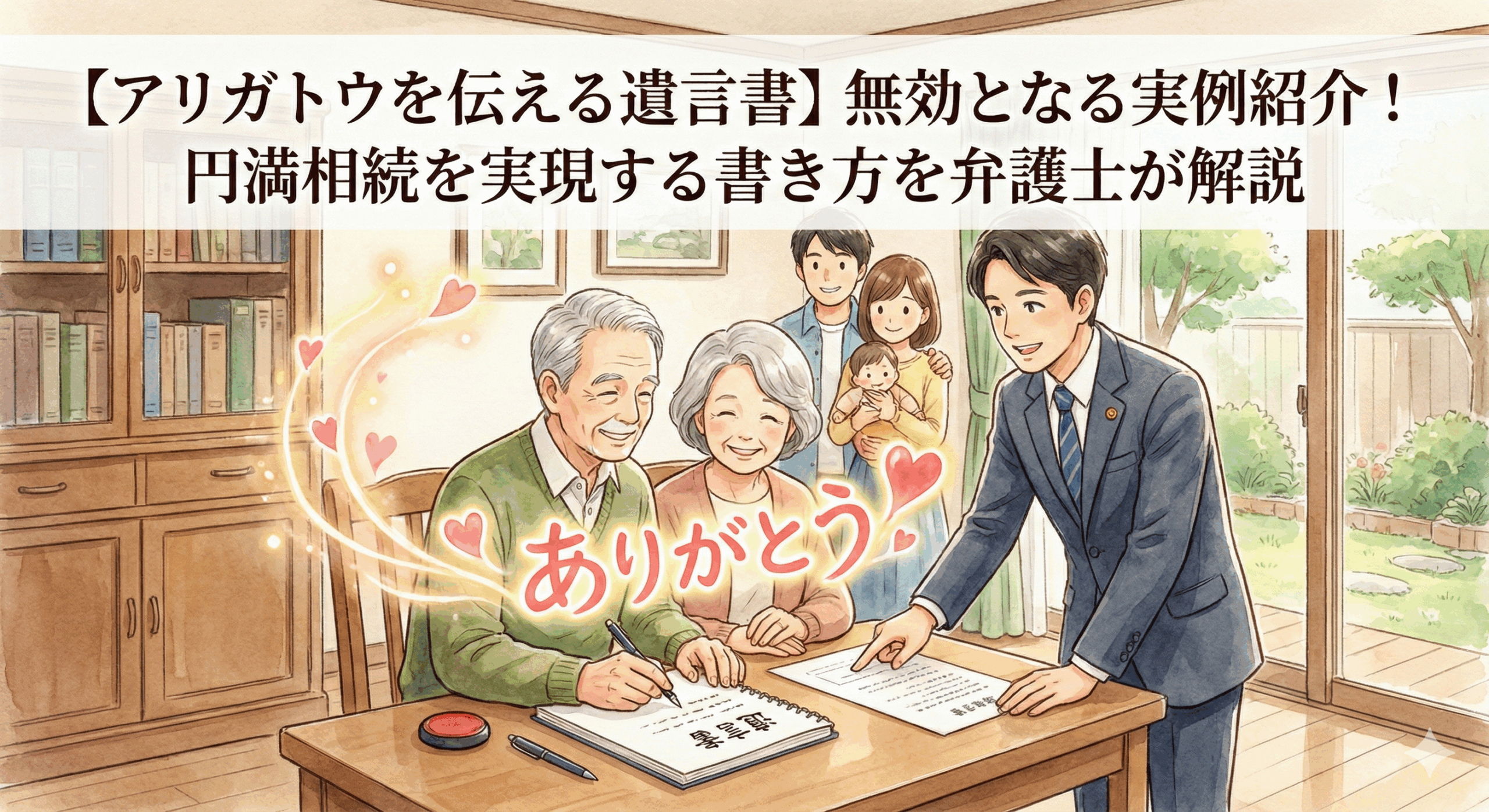 弁護士が教える「アリガトウを伝える遺言書」の書き方記事のアイキャッチ画像。円満相続を目指し、笑顔で遺言書に向かう高齢夫婦と、彼らに寄り添う弁護士、見守る家族を描いた温かいイラスト。