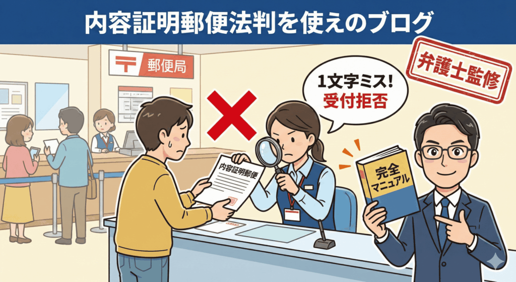 alt="弁護士監修記事のアイキャッチイラスト。郵便局の窓口で「1文字ミス！受付拒否」と内容証明郵便の差し出しを断られて困る男性と、それを解決する「完全マニュアル」を提示する弁護士の姿が描かれている。"