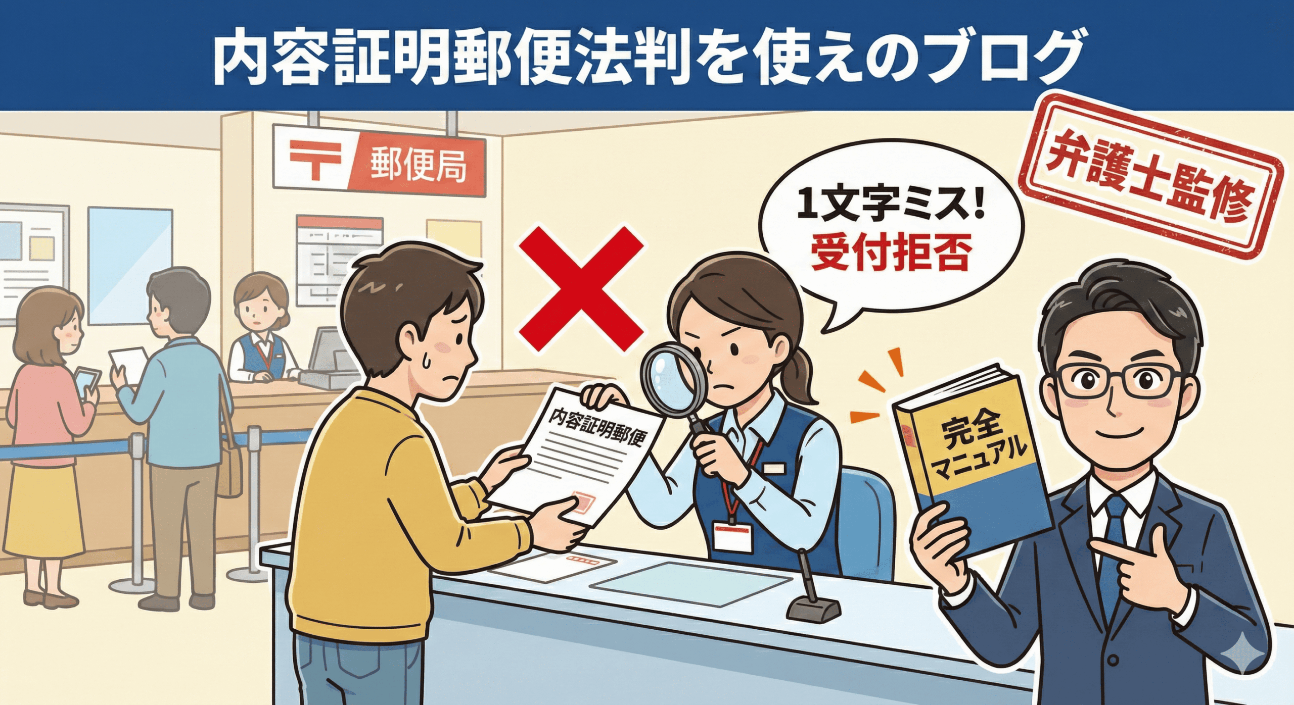 alt="弁護士監修記事のアイキャッチイラスト。郵便局の窓口で「1文字ミス！受付拒否」と内容証明郵便の差し出しを断られて困る男性と、それを解決する「完全マニュアル」を提示する弁護士の姿が描かれている。"