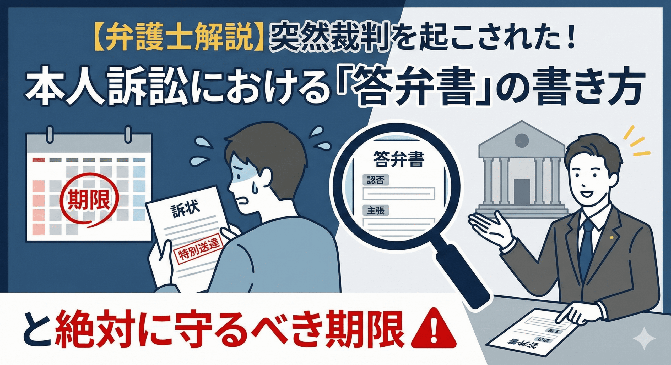 alt="【弁護士解説】突然裁判を起こされた！本人訴訟における「答弁書」の書き方と絶対に守るべき期限。訴状を受け取り期限に動揺する人と、答弁書の作成方法を案内する弁護士を描いた解説記事のアイキャッチ画像。"